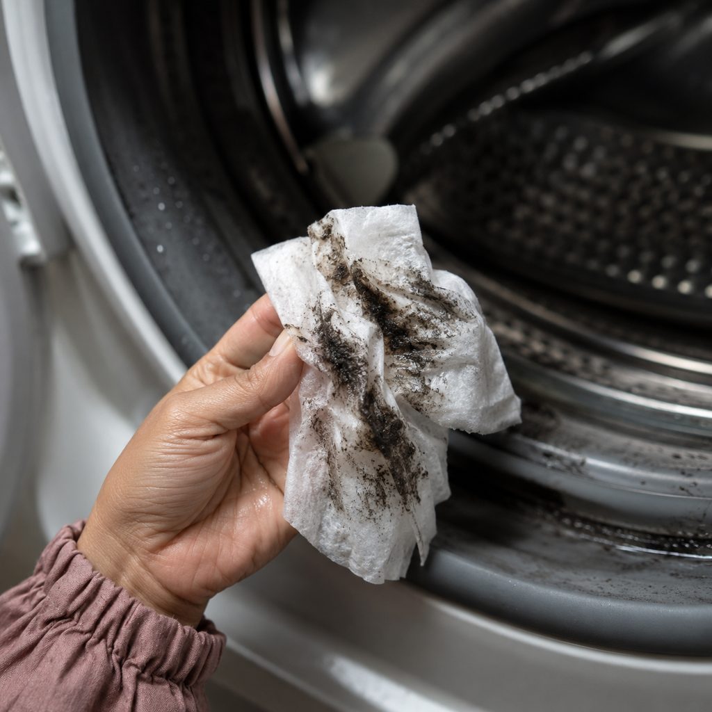 A hand holding a tissue wiped inside a washing machine drum, the tissue marked grey